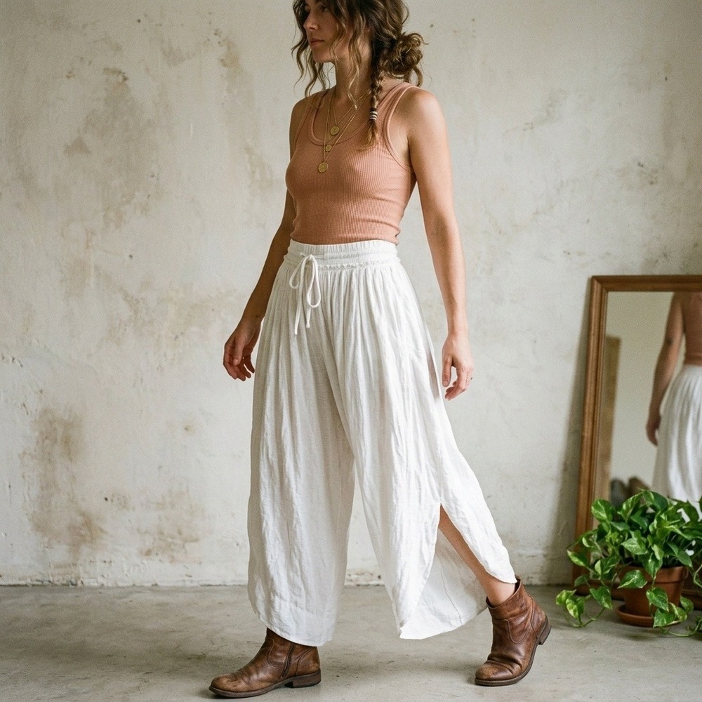Free People Free-est Quentin Pants Womens Medium White Drawstring Gauze Harem